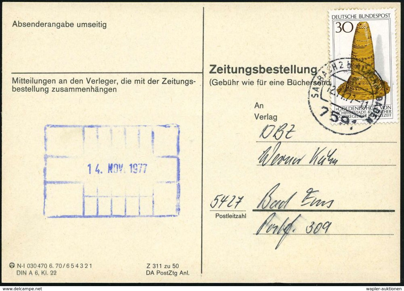 B.R.D. 1977 (12.11.) 30 Pf. "Goldener Hut" (Kultkegel V.Schifferstadt) EF Auf "Zeitungsbestellung" = Seltene Portostufe! - Préhistoire