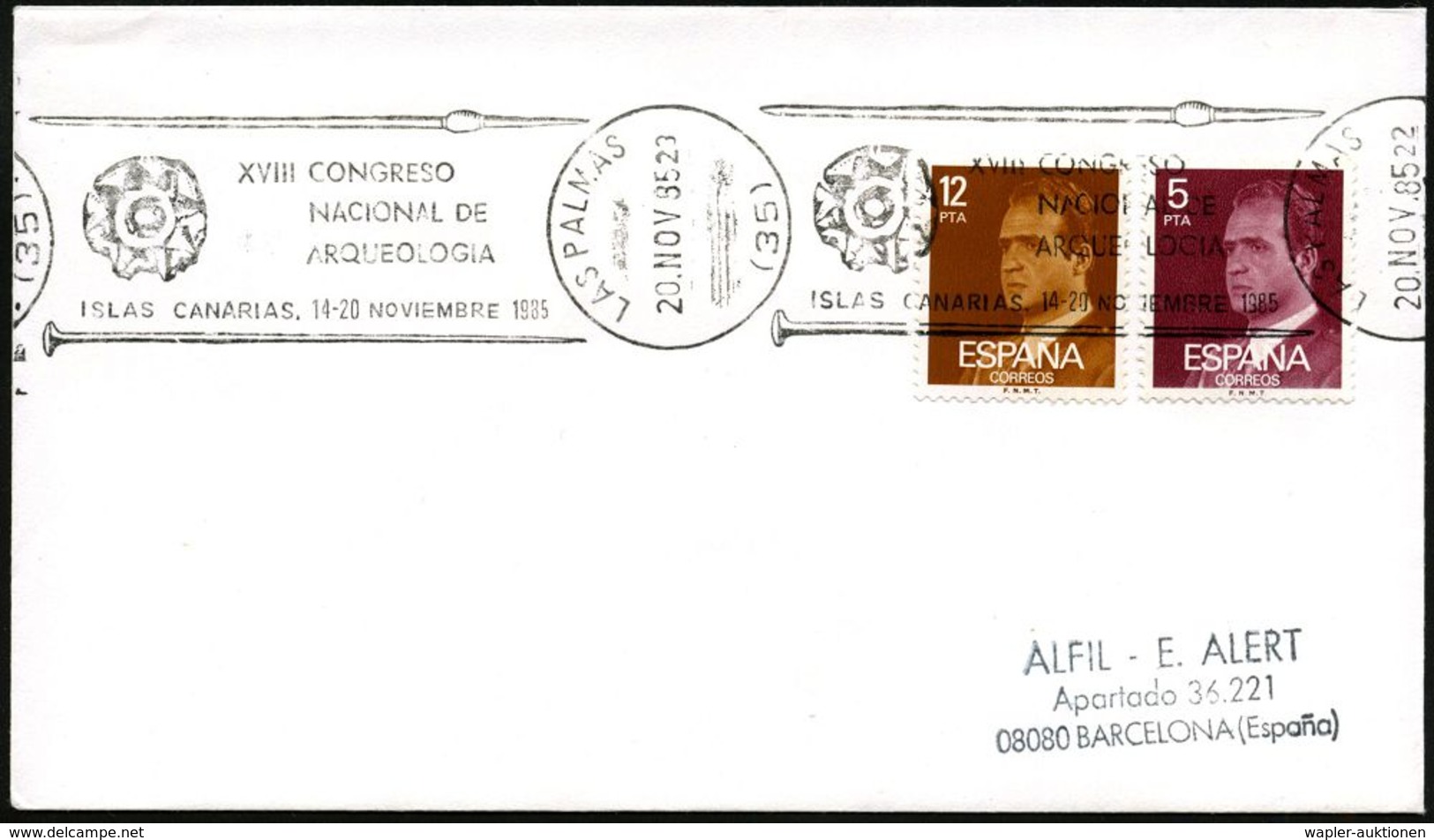 SPANIEN 1985 (20.11.) BdMaWSt.: LAS PALMAS/(35)/XVIII CONGRESO/NACIONAL DE/ARQUEOLOGIA.. (Speer, Stab, Orna-ment) Und Ha - Prehistoria