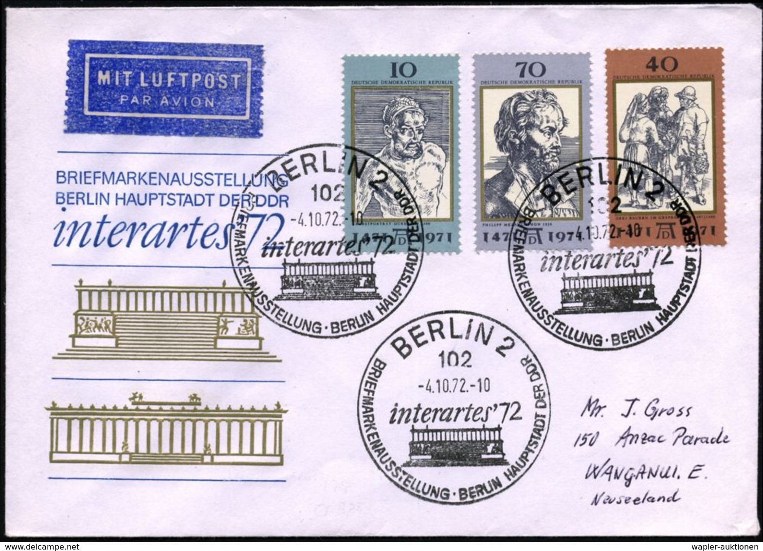 102 BERLIN 2/ Interartes'72... 1972 (4.10.) SSt = Pergamon-Altar (Berliner Museumsinsel) 3x Auf Kompl. Satz Dürer, Klar  - Archéologie