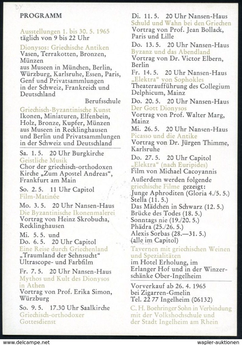 6507 INGELHEIM (RHEIN)/ Griechische Tage 1965 (1.5.) SSt = Griech. Tempel "Parthenon" Vs. Auf Programmzettel: "Dionysos  - Archéologie