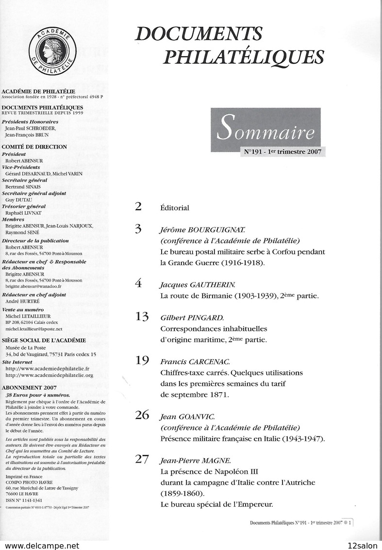 ACADEMIE DE PHILATELIE DOCUMENTS PHILATELIQUES  N° 191 + Sommaire - Otros & Sin Clasificación