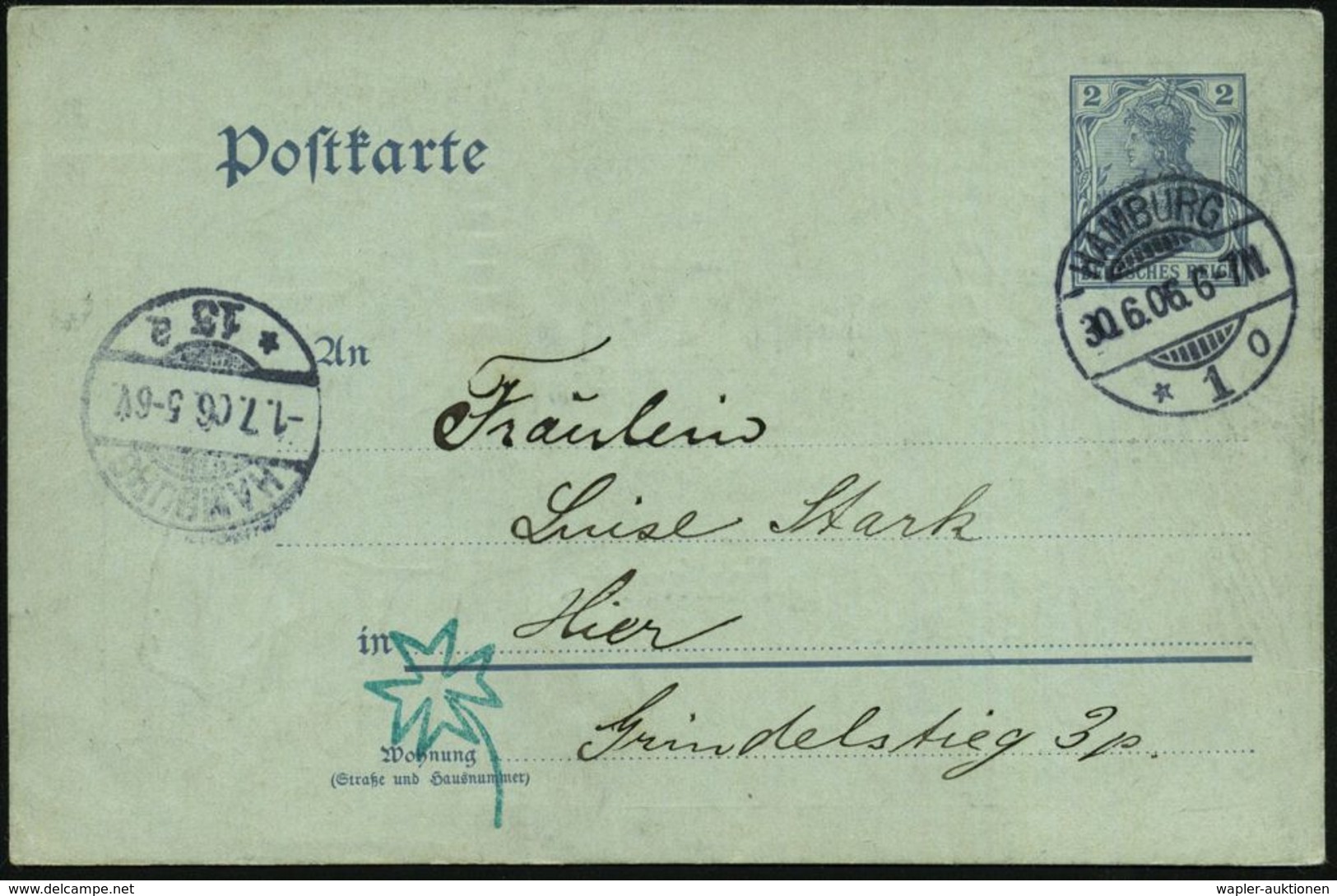 HAMBURG/ *1o 1906 (30.6.) 1K-Gitter Auf PP 2 Pf. Germania, Grau: 30. Juni..Letzte Grüsse Auf Der 2 Pfg. Postkarte = Humm - Mythologie