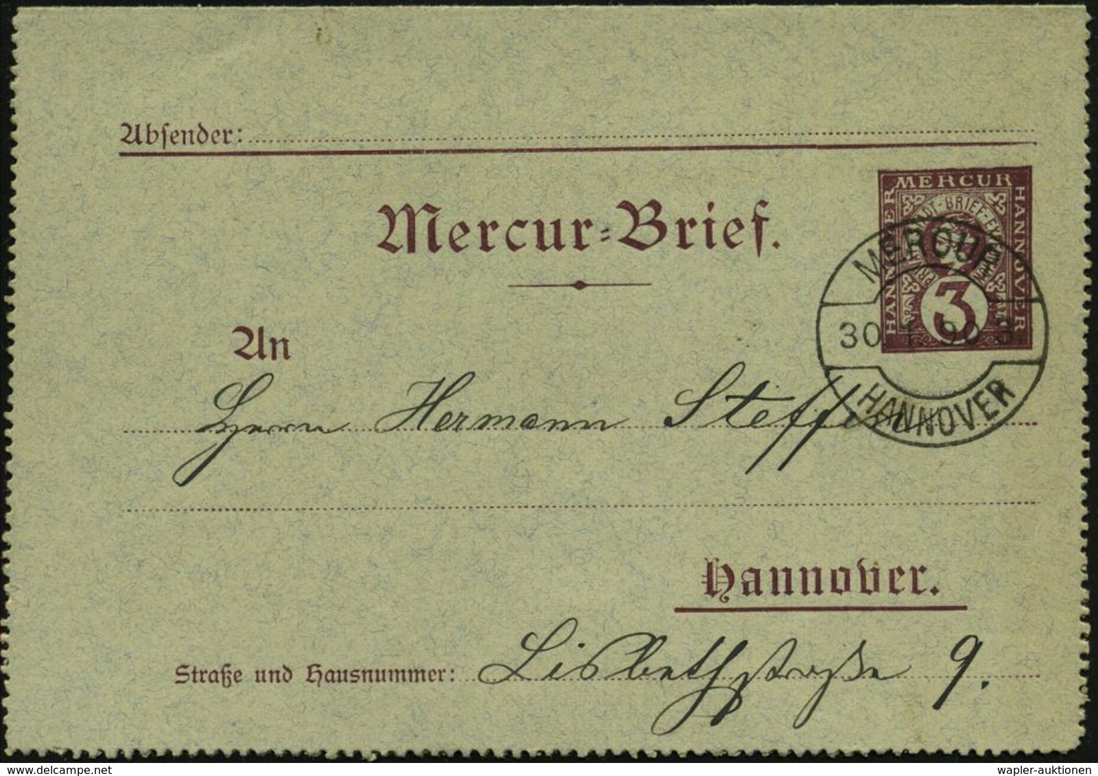 Hannover 1890 (30.1.) 3 Pf. Kartenbf. Privat-Stadt-Brief-Expedition "Mercur", Braun: Merkurkopf + 1K-Steg:  M E R C U R  - Mythologie