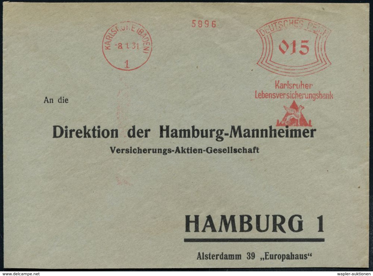 KARLSRUHE (BADEN)/ 1/ Karlsruher/ Lebensversicherungsbank 1931 (8.1.) AFS = Vogel Greif Vor Pyramide , Firmenbrief (Dü.E - Mythologie