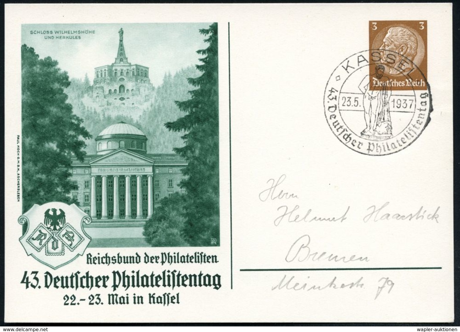 KASSEL/ 43.Deutscher Philatel.Tag 1937 (23.5.) SSt = Herkules (mit Keule) Auf Passender PP 3 Pf. Hindenbg.: Schloß Wilhe - Mythologie