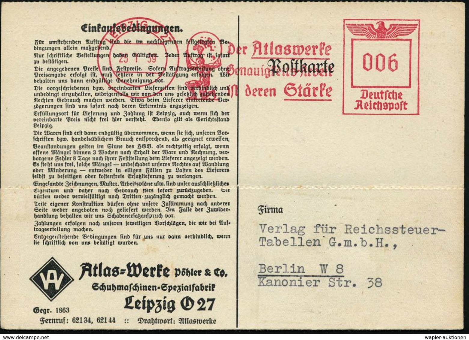 LEIPZIG O 27/ Der Atlaswerke/ Genauigkeitsarbeit/ Ist Deren Stärke 1939 (20.10.) Seltener AFS =  A T L A S  Mit Globus , - Mythologie