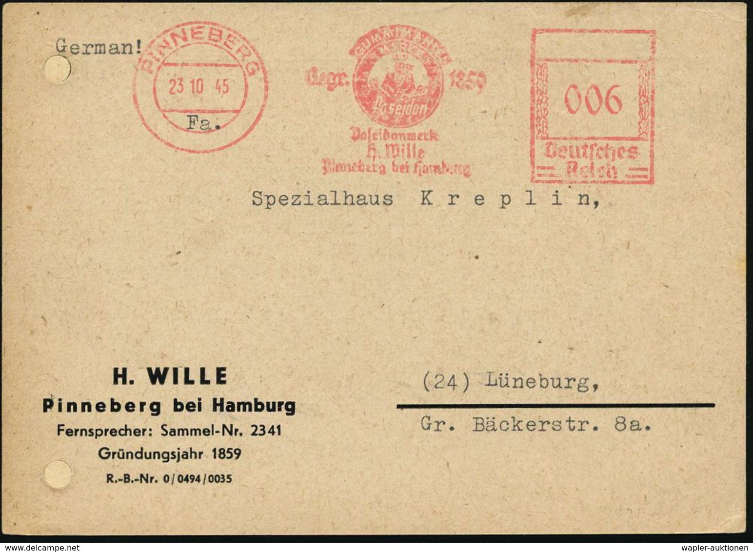 PINNEBERG/ GUMMIMÄNTEL/ Gegr.1859/ Poseidon/ Poseidonwerk/ H.Wille 1945 (23.10.) Seltener, Aptierter AFS (Hakenkreuz Ent - Mythologie