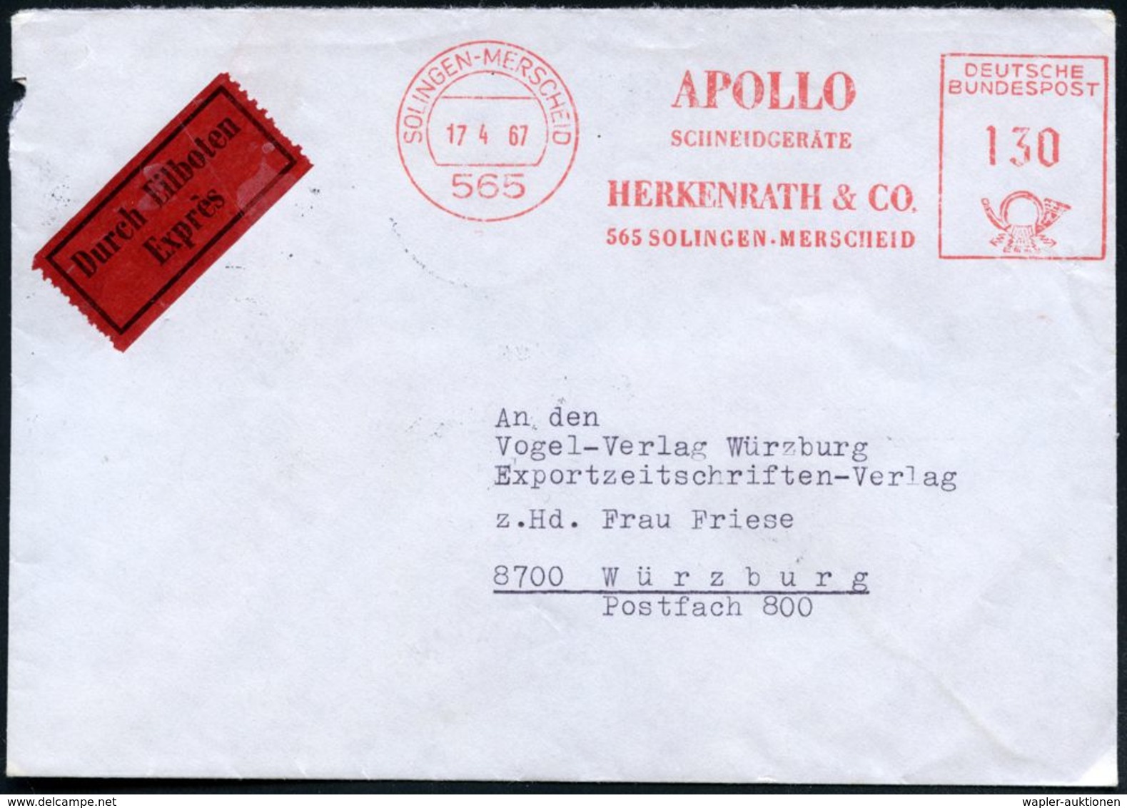 565 SOLINGEN-MERSCHEID/  A P O L L O /  SCHNEIDEGERÄTE/ HERKENRATH & CO 1967 (17.4.) AFS 130 Pf. Auf Fern-Eil-Brief (Dü. - Mythologie