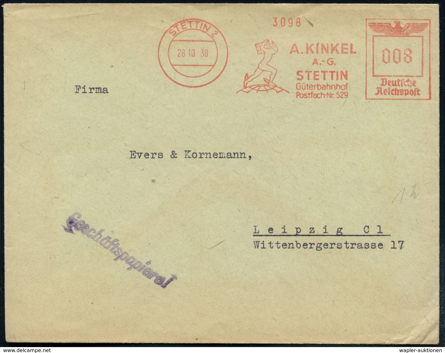 STETTIN 2/ A.KINKEL/ A.-G./ STETTIN/ Güterbahnhof.. 1938 (28.10.) AFS = Merkur Mit Kiste Auf Globus , Firmen-Brief (Dü.E - Mitologia