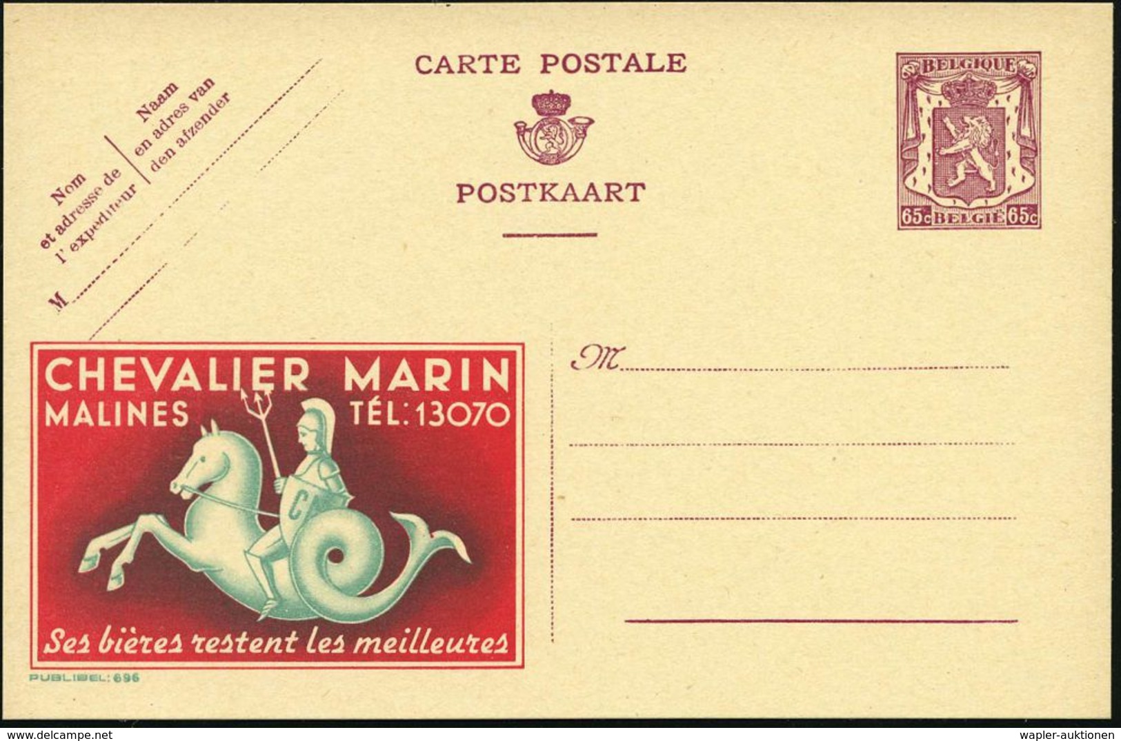 BELGIEN 1946 65 C. Reklame-P. "Publibel" Wappenlöwe, Braunlila.: CHEVALIER MARIN/..Ses Bières.. = Neptun / Poseidon (mit - Mitologia