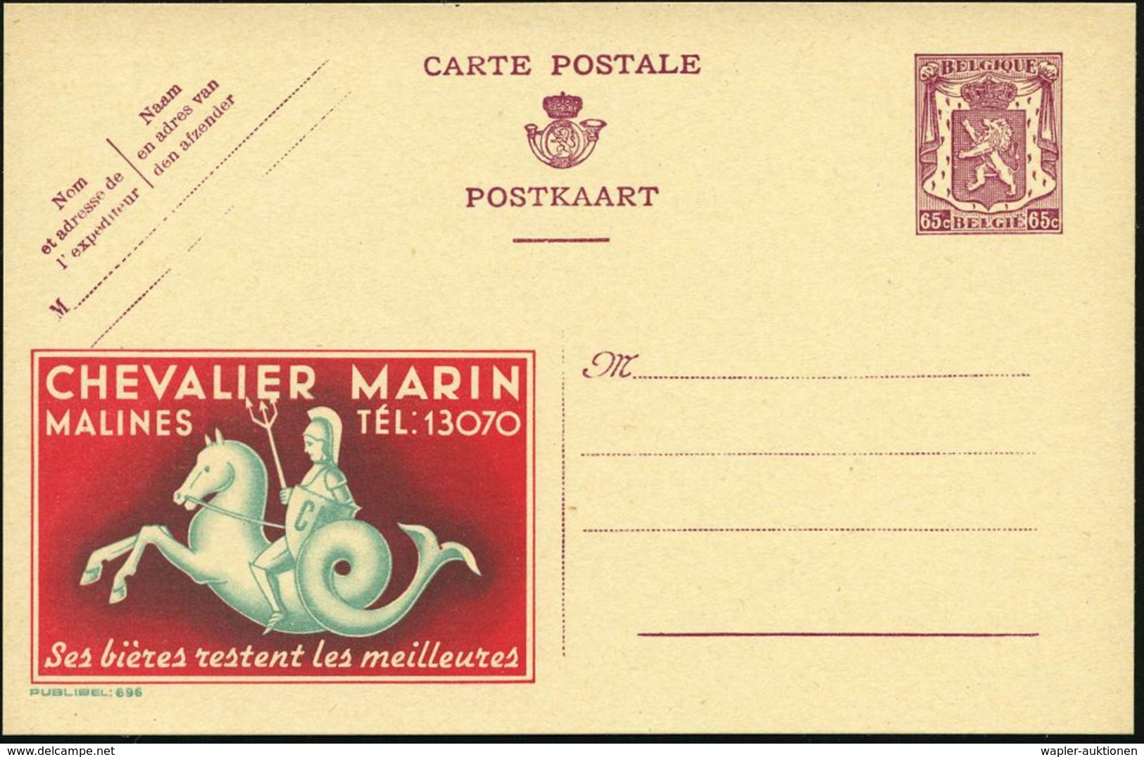 BELGIEN 1946 65 C. Reklame-P. "Publibel" Wappenlöwe, Braunlila.: CHEVALIER MARIN/..Ses Bières.. = Neptun / Poseidon (mit - Mythologie