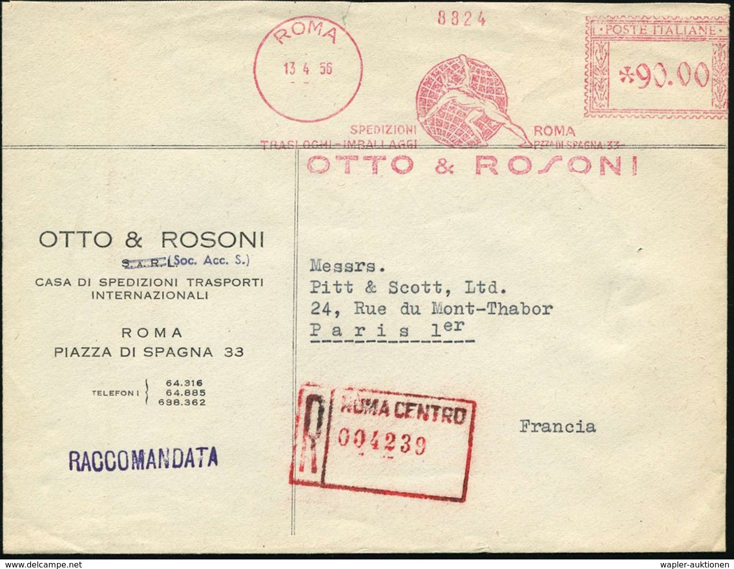 ITALIEN 1956 (13.4.) AFS: ROMA/SPEDIZIONI../OTTO & ROSONI = Hermes Bewegt Globus (oben Kl. Rißchen) Roter R-Paginier-Ste - Mythologie