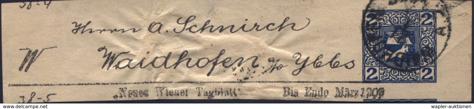ÖSTERREICH 1909 (21.1.) 2 H. "Merkurkopf", Privat-Adreßzettel, Blau: "Neues Wiener Tageblatt" , 1K: WAIDHOFEN (oben Nich - Mitología