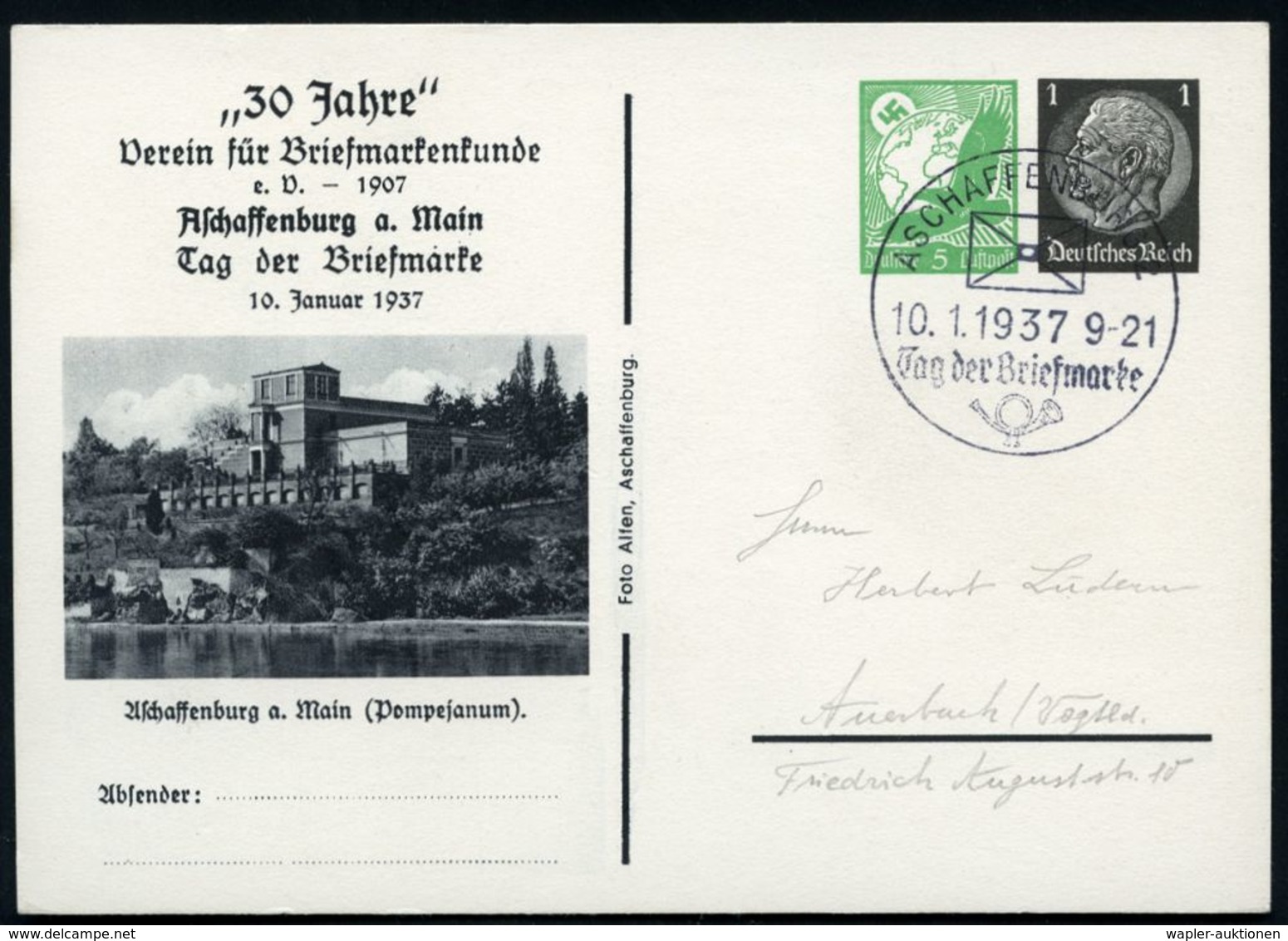 Aschaffenburg 1937 (10.1.) PP 5 Pf. Adler + 1 Pf. Hindenburg: ..Tag Der Briefmarke/..(Pompejanum) = Römische Ideal-Villa - Archéologie