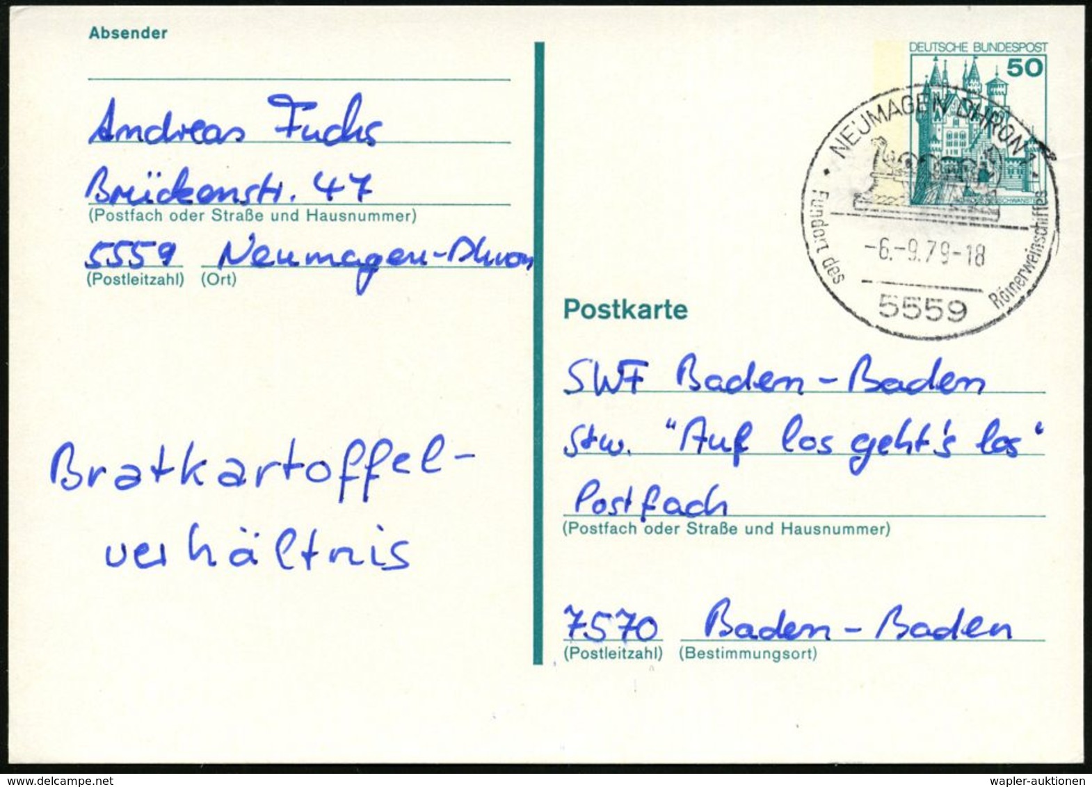 5559 NEUMAGEN-DHRON 1/ Fundort Des Römerweinschiffes 1979 (6.9.) HWSt = Römisches Weinschiff , Bedarfskarte (Bo.3) - Röm - Arqueología
