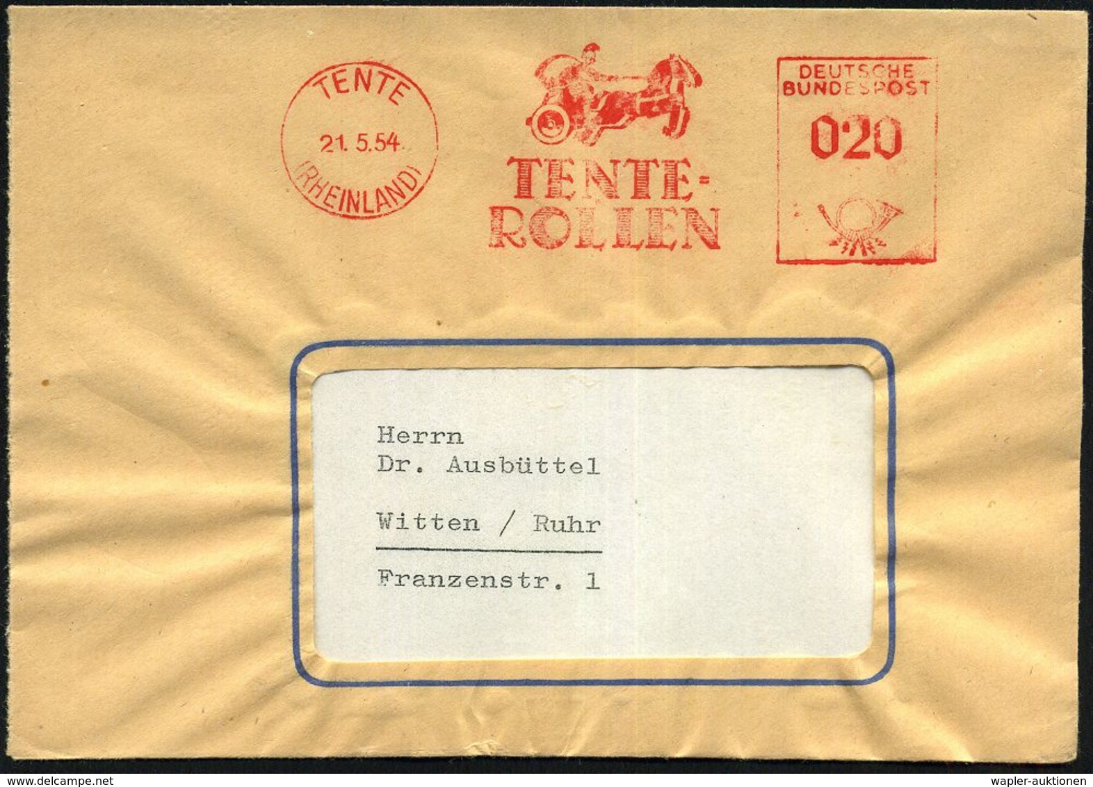 TENTE/ (RHEINLAND)/ TENTE=/ ROLLEN 1954 (21.5.) Seltener U. Gesuchter AFS = Römischer Kampfwagen , Inl.-Brief (Dü.E-23BG - Archeologia