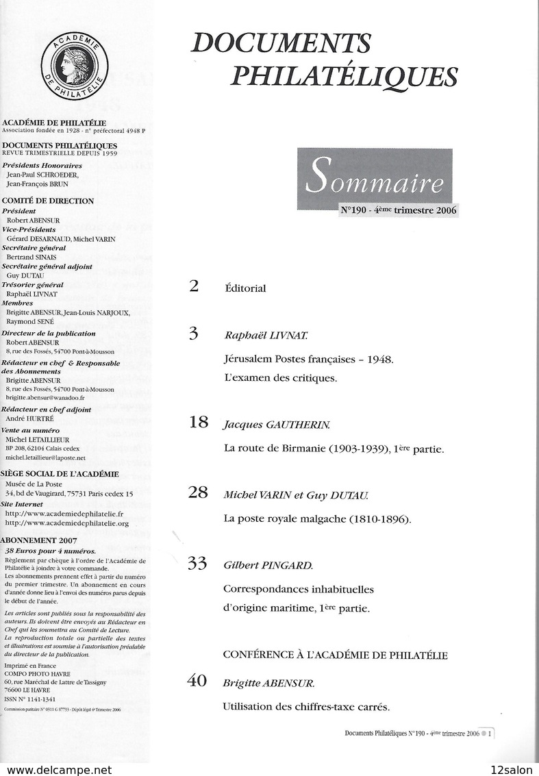 ACADEMIE DE PHILATELIE DOCUMENTS PHILATELIQUES N° 190 + Sommaire - Altri & Non Classificati