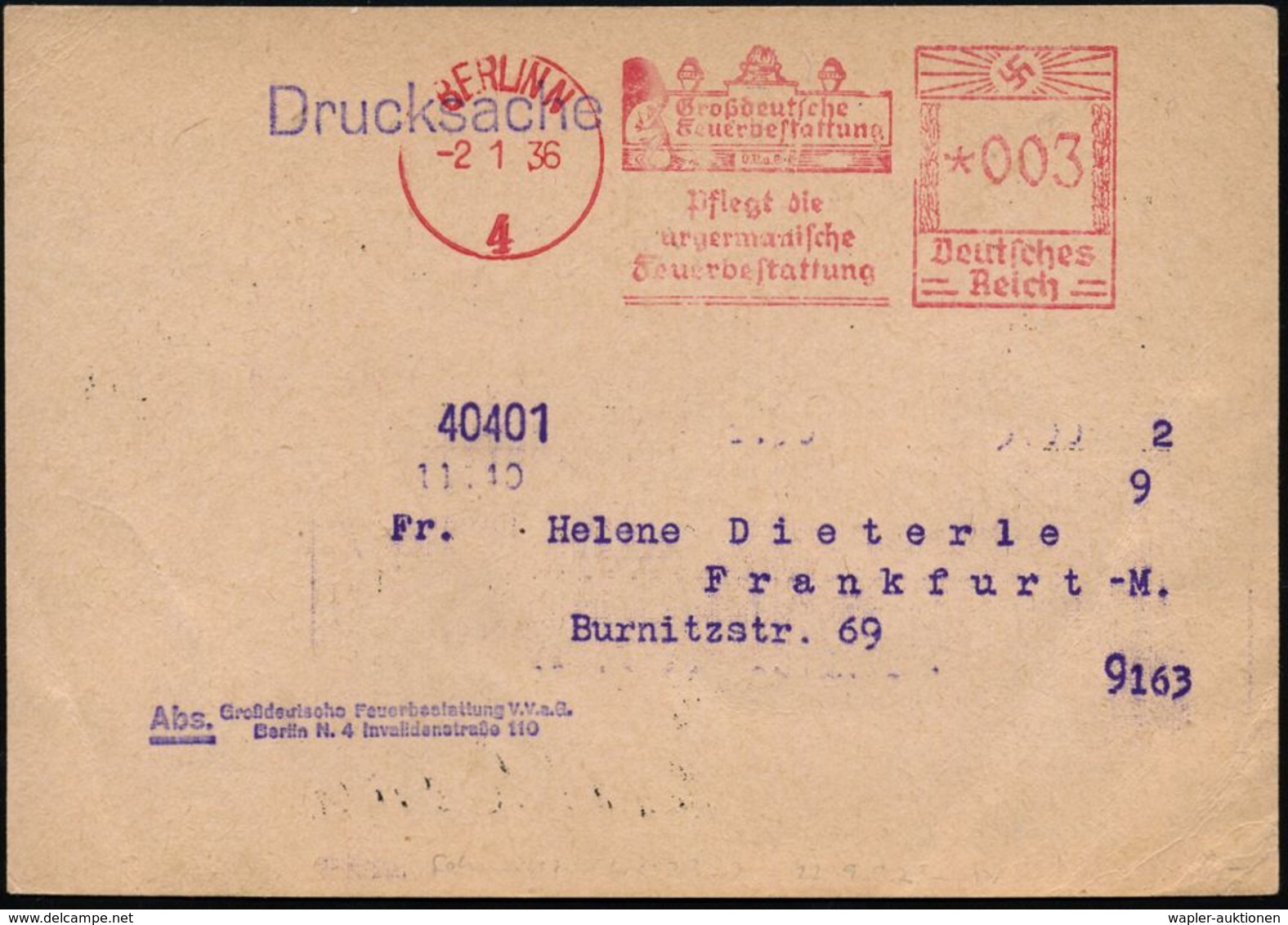 BERLIN N/ 4/ Großdeutsche/ Feuerbestattung/ Pflegt Der/ Urgermanische/ Feuerbestattung 1936 (2.1.) Seltener AFS (Trauern - Archéologie