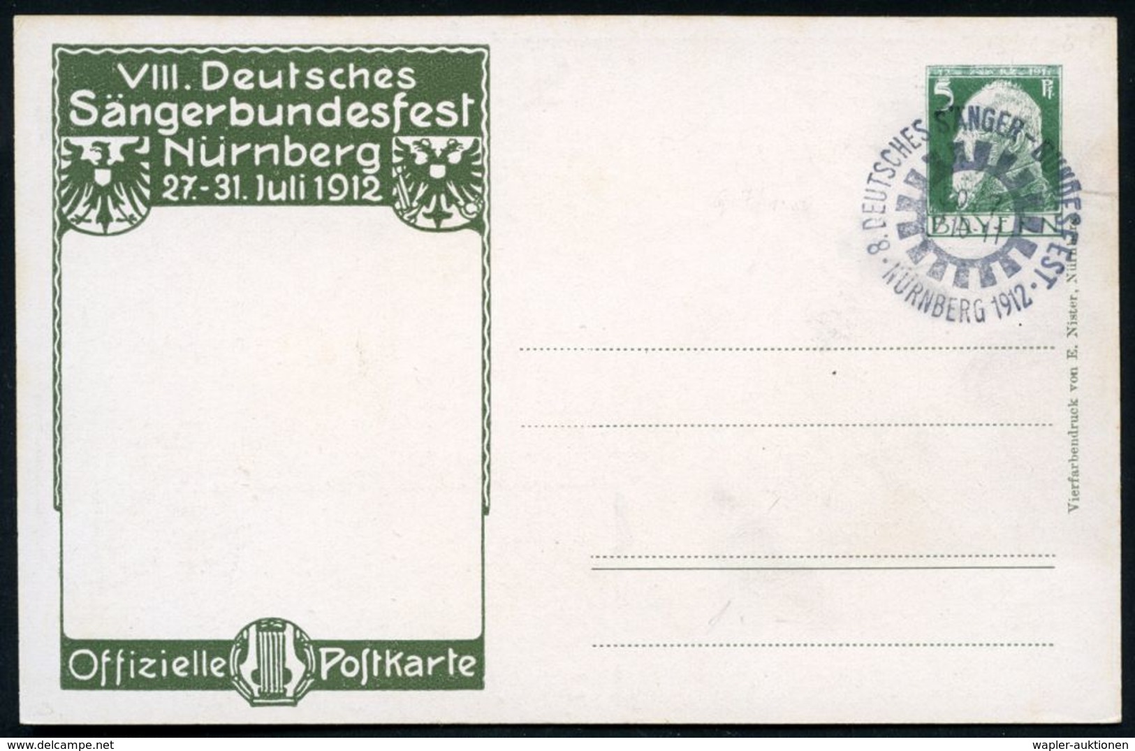 Nürnberg 1912 PP 5 Pf. Luitpold, Grün: 8. Deutsches Sängerbundes-Fest.. 1912 = Germane Mit Met-Horn, Lyra, Eiche, Alt-Nü - Archéologie
