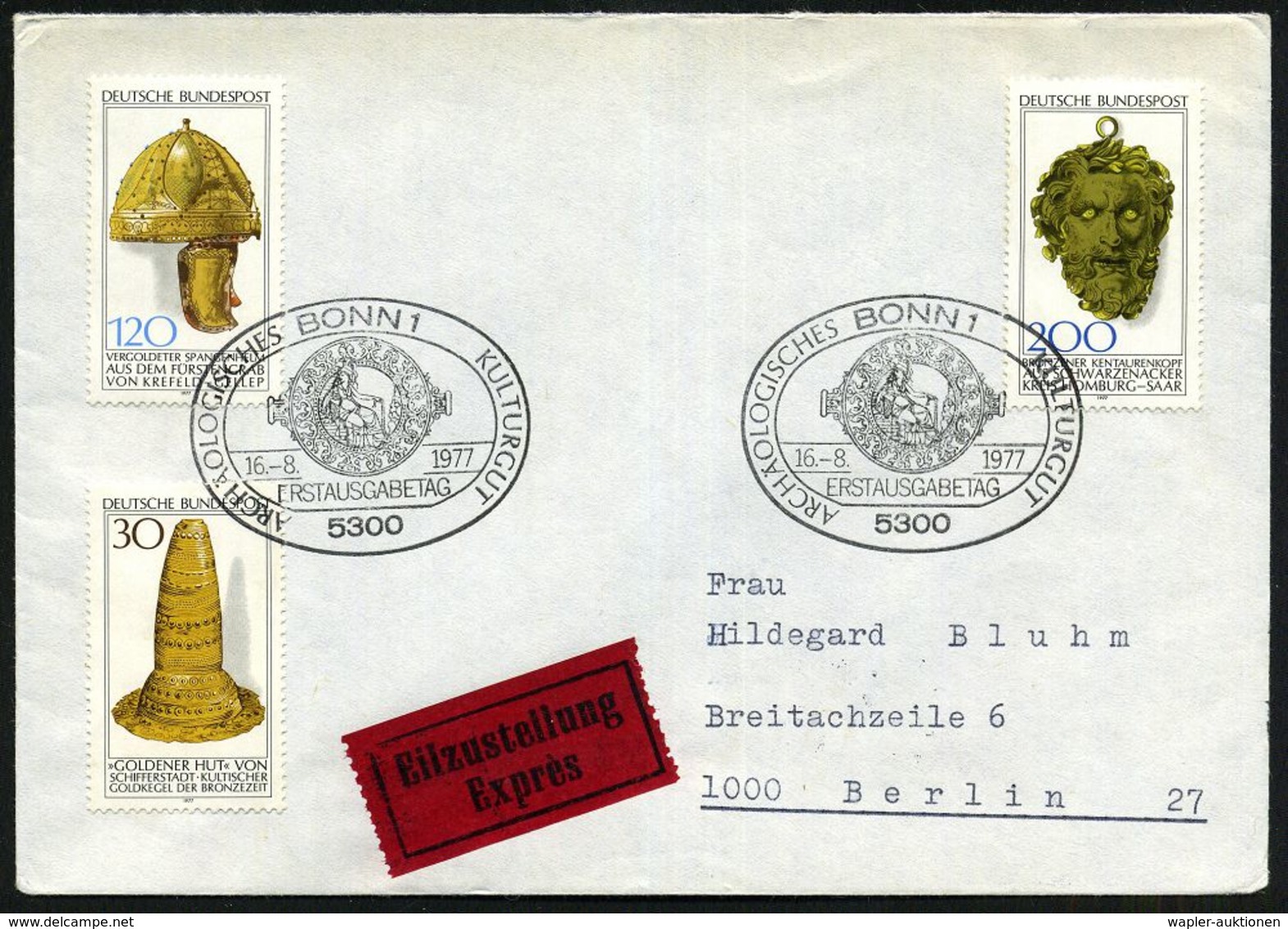 B.R.D. 1977 (16.8.) Archäolog. Kulturgut, Kompl. Satz = "Goldener Hut" V. Schifferstadt, Goldhelm V.Krefeld U. Centauren - Archeologia