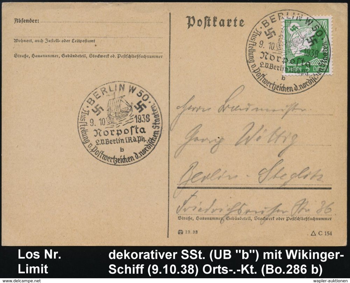 BERLIN W50/ Norposta/ B/ Ausstellung V.Postwertzeichen Der Nordischen Staaten 1938 (9.10.) SSt Mit UB "b" = Wikingerschi - Autres & Non Classés