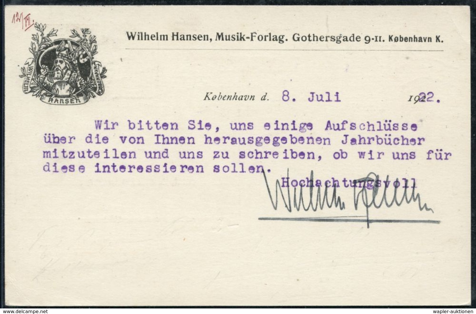 DÄNEMARK 1922 (1.11.) Reklame-PP 15 Ö. + 10 Öre Christian X.: Wilhelm Hansen, Musik-Forlag.. = Wikinger Mit Lure U. Flüg - Altri & Non Classificati