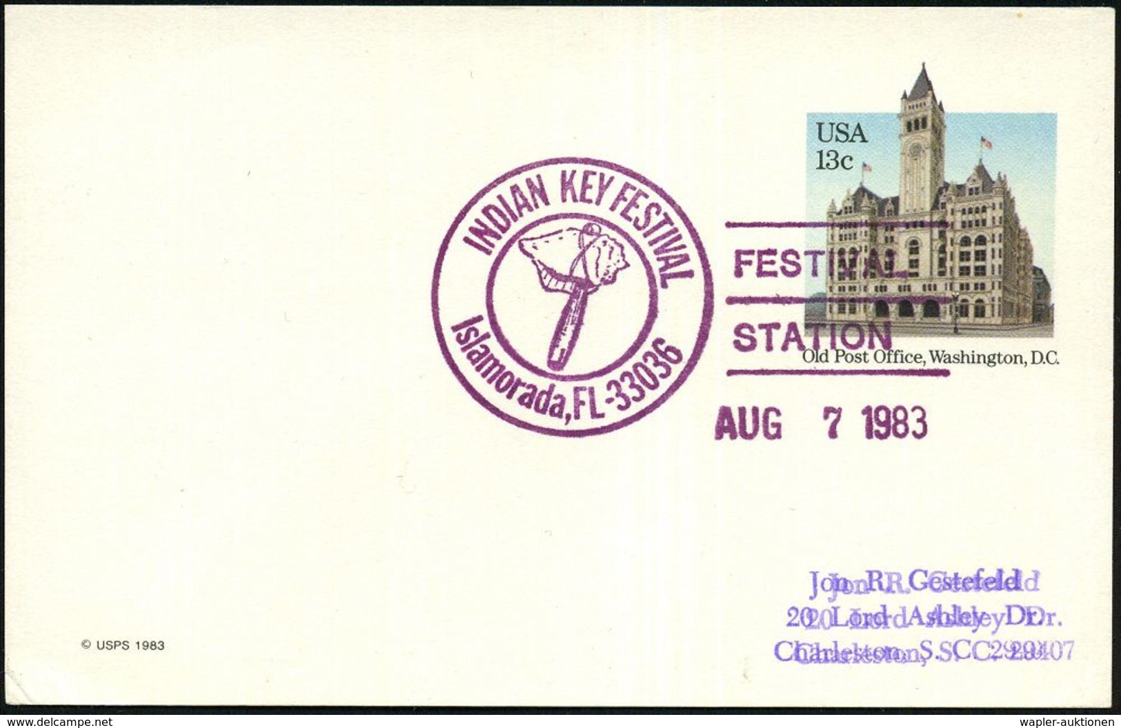 U.S.A. 1983 (7.8.) Viol. SSt.: Islamorada, FL-33036/INDIAN KEY FESTIVAL/FESTVAL/STATION = Prähistor. Steinaxt , Klar Ges - Autres & Non Classés