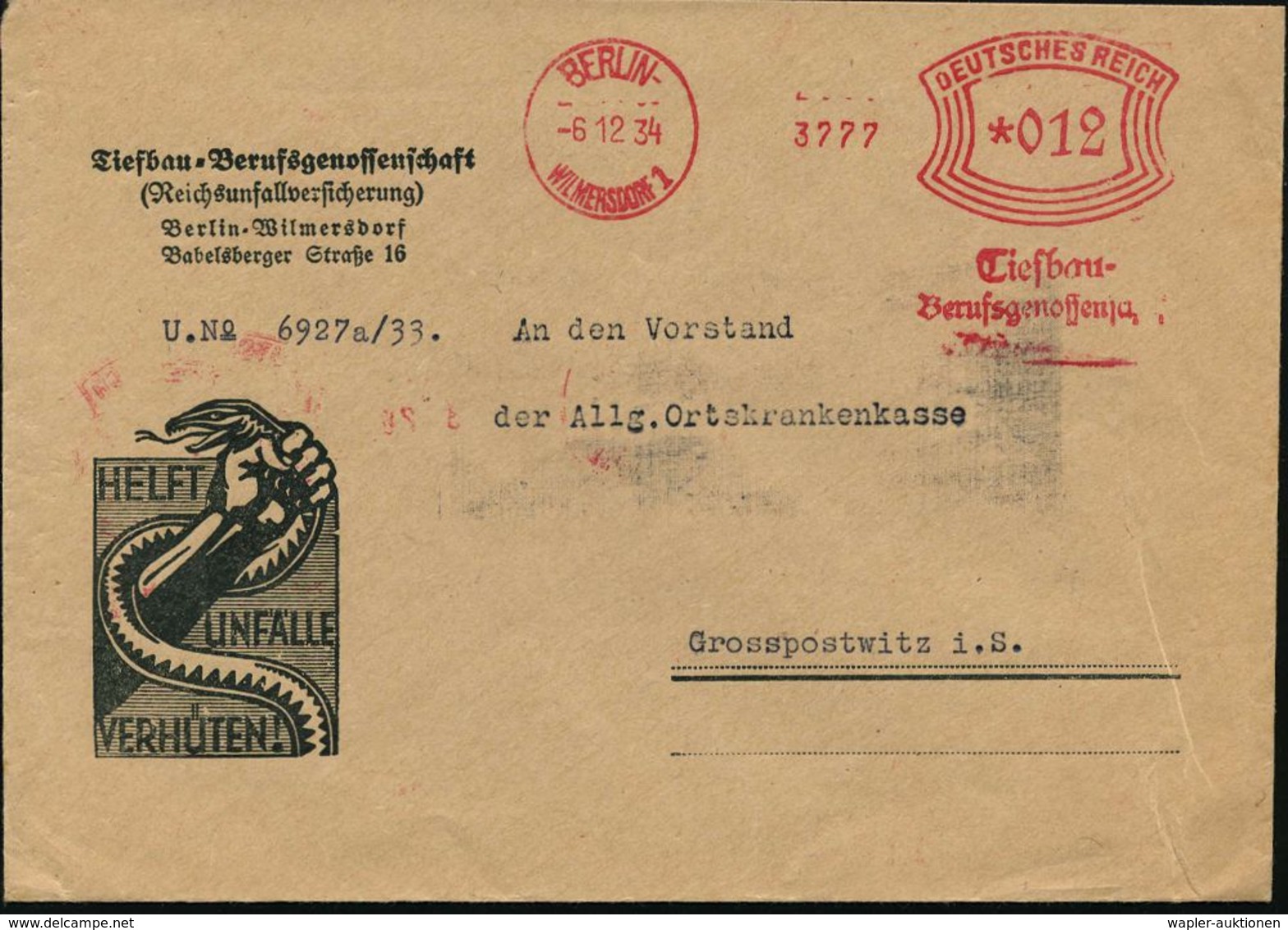 BERLIN-/ WILMERSDORF 1/ Tiefbau-/ Berufsgenossenschaft 1934 (6.12.) AFS Auf Reklame-Bf.: ..Reichsunfallver-sicherung / H - Otros & Sin Clasificación