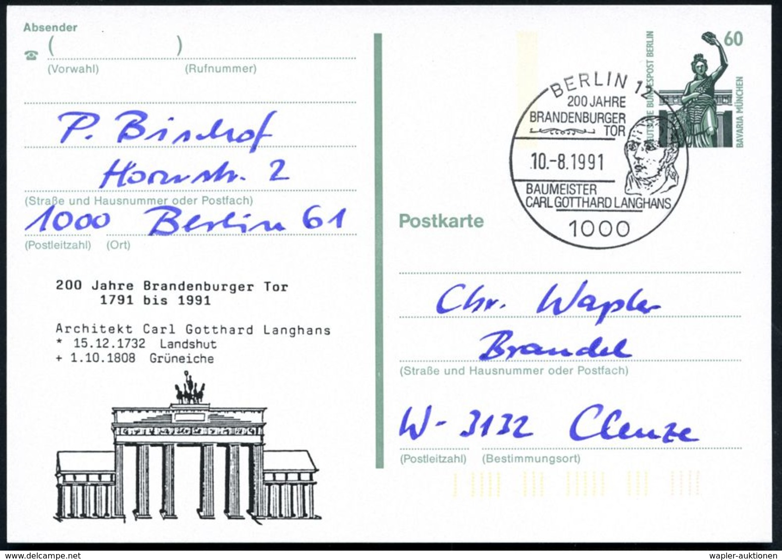1000 BERLIN 12/ 200 JAHRE/ BRANDENBG.TOR/ BAUMEISTER/ C.G.LANGHANS 1991 (10.8.) SSt = Kopfbild Langhans Auf Amtl. P 60 P - Sonstige & Ohne Zuordnung