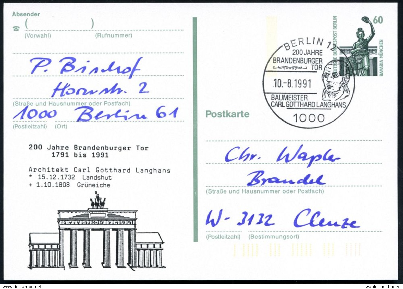 1000 BERLIN 12/ 200 JAHRE/ BRANDENBG.TOR/ BAUMEISTER/ C.G.LANGHANS 1991 (10.8.) SSt = Kopfbild Langhans Auf Amtl. P 60 P - Autres & Non Classés