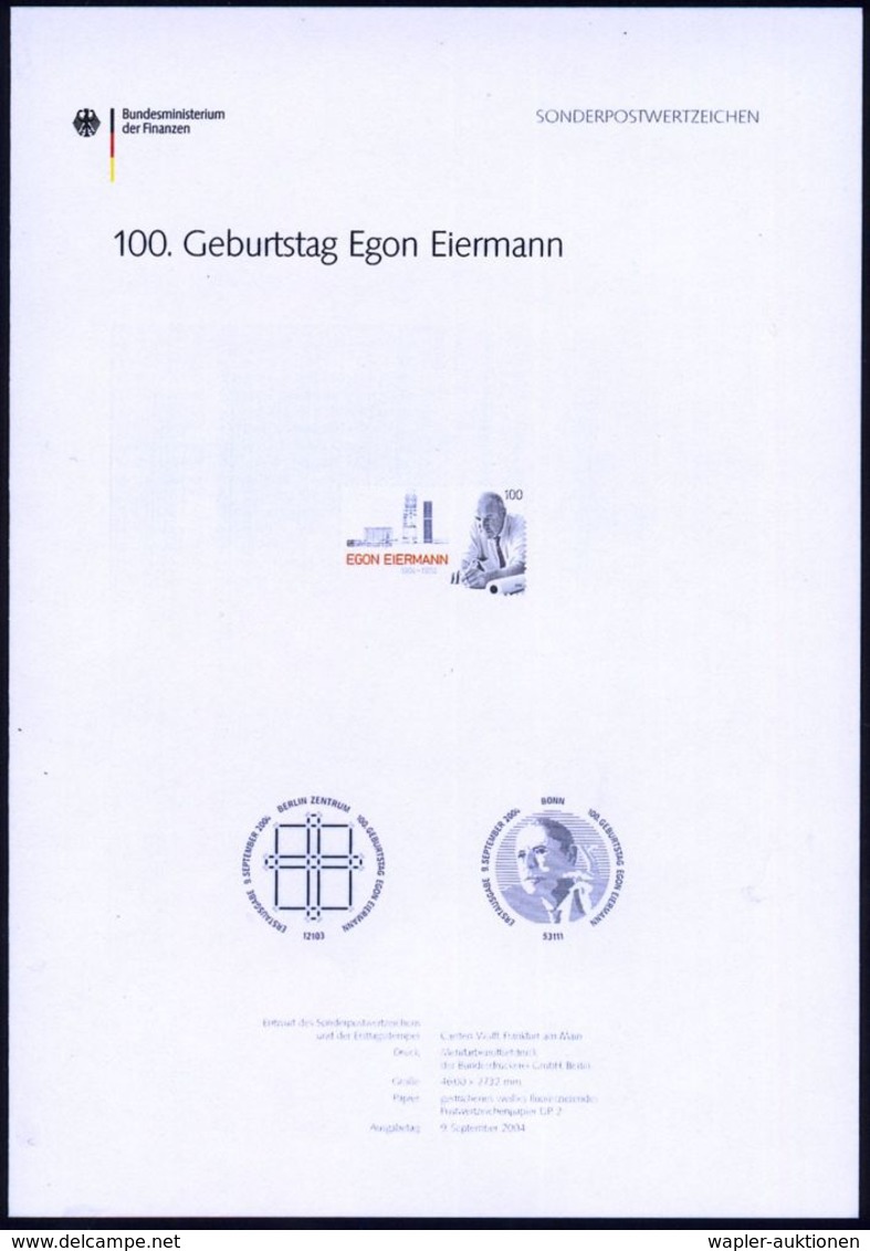 B.R.D. 2004 (Sept.) 100 C. "100. Geburtstag Egon Eiermann", Ungez. Vorlageblock Der Bundesdruckerei + Amtl. Ankündigungs - Autres & Non Classés