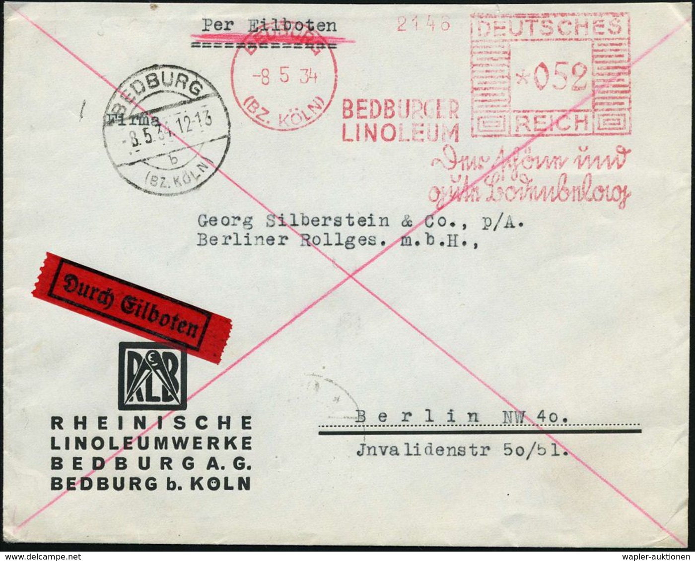 BEDBURG/ (BZ.KÖLN)/ BEDBURGER/ LINOLEUM/ Der Schöne U./ Gute Bodenbelag 1934 (8.5.) AFS 052 Pf., Teils Sütterlin + 1K: B - Autres & Non Classés