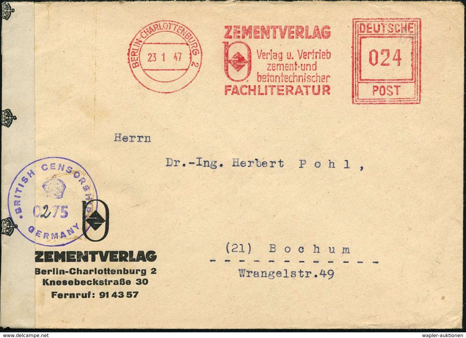 BERLIN-CHARLOTTENBURG 2/ ZEMENTVERLAG.. 1947 (23.1.) Seltener AFS-Typ "Hochrechteck" (Monogr. "z") Motivgl. Firmenbrief  - Otros & Sin Clasificación
