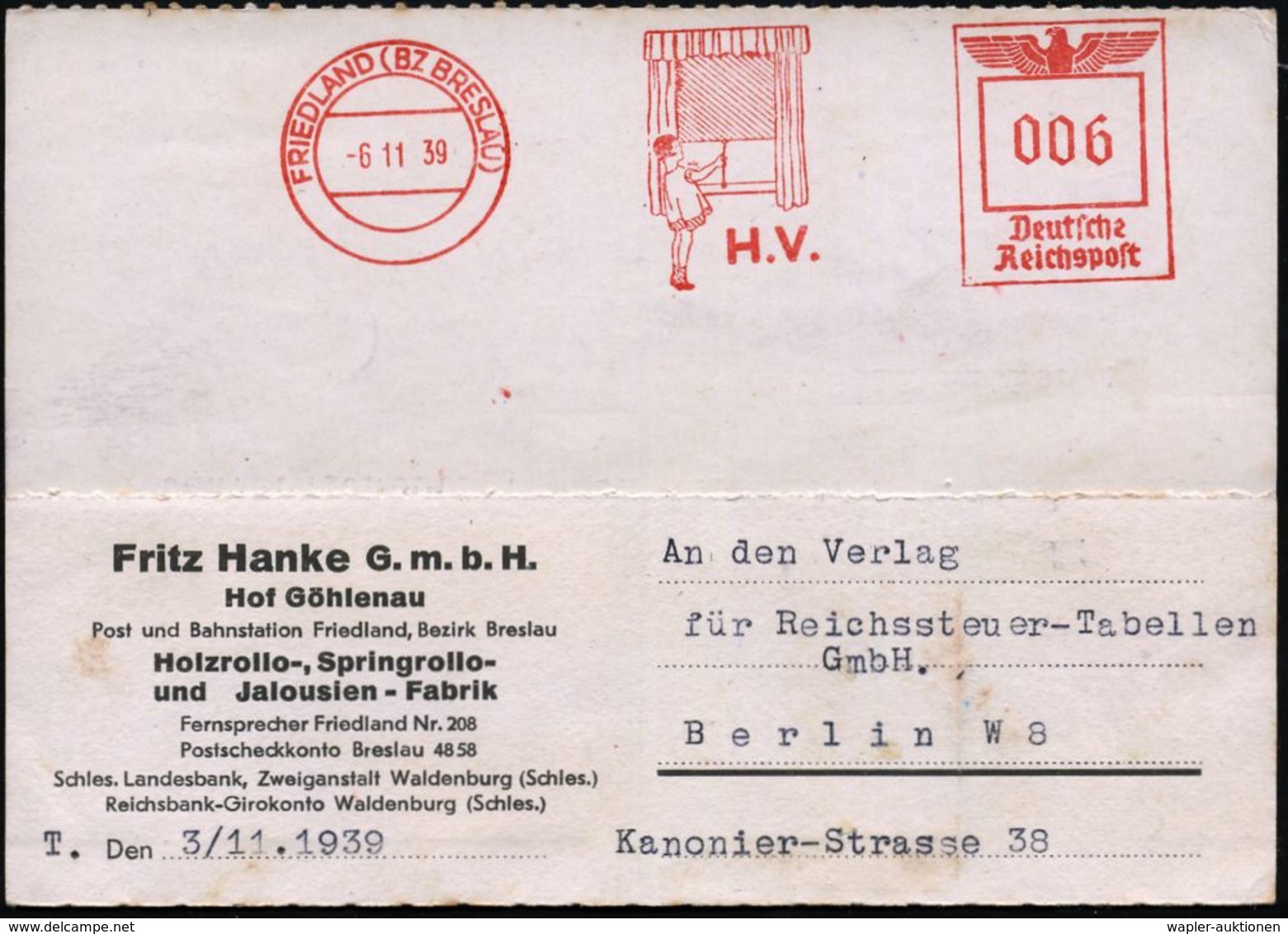 FRIEDLAND (BZ BRESLAU)/ H.V. 1939 (6.11.) AFS = Kind Am Fenster (mit Rollo) Auf Firmenkarte: Fritz Hanke GmbH/..Holzroll - Autres & Non Classés