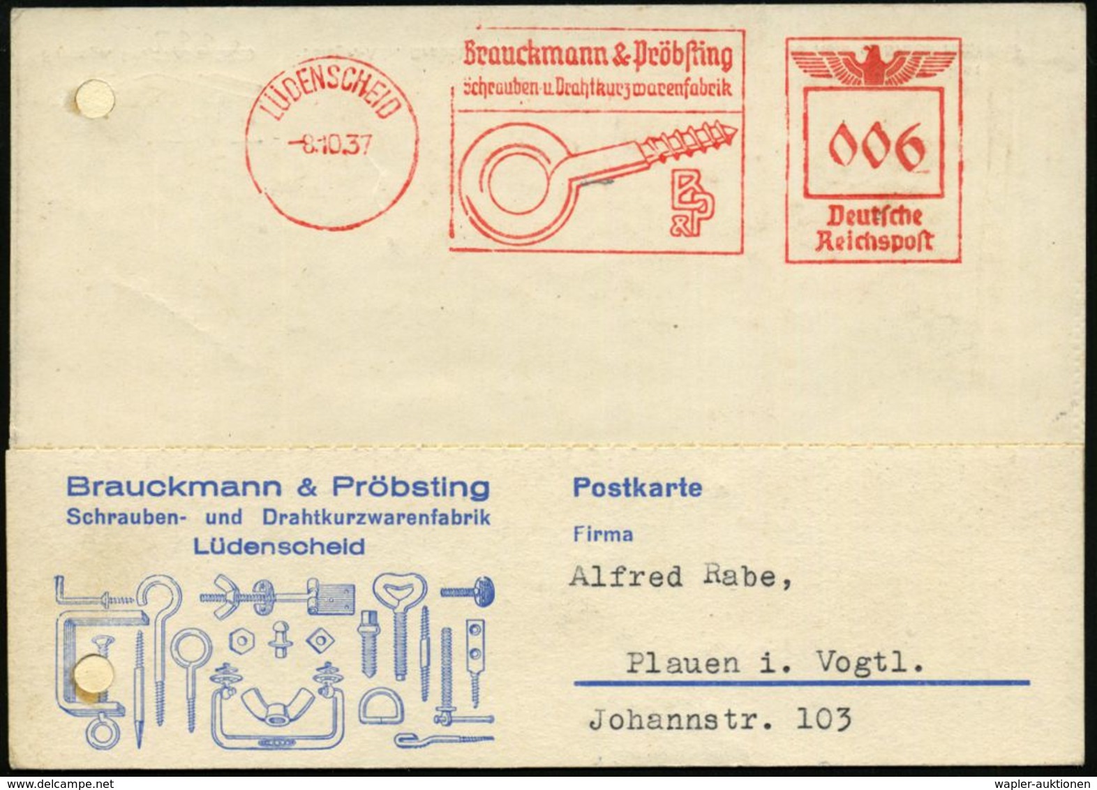 LÜDENSCHEID/ Brauckmann & Pröbsting/ Schrauben U.Drahtkurzwarenfabrik 1937 (8.10.) Dekorativer AFS = Ringschraube (Reg.- - Autres & Non Classés