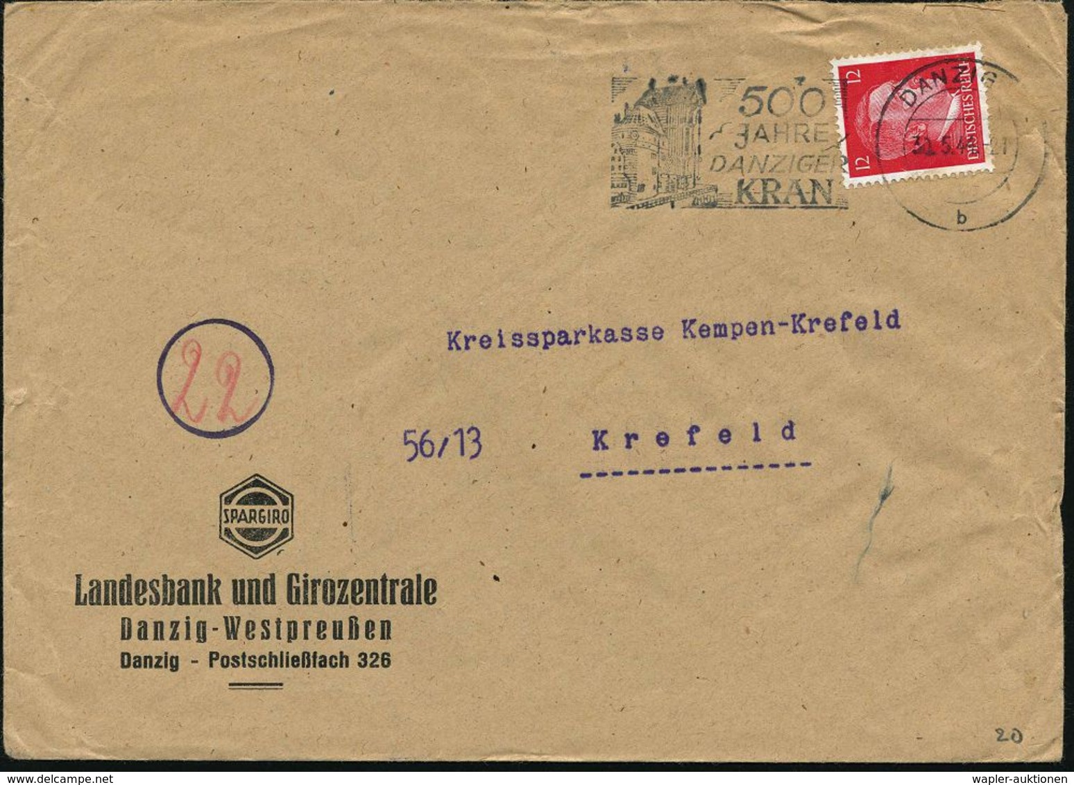 DANZIG 5/ B/ 500/ JAHRE/ DANZIGER/ KRAN 1944 (30.5.) MWSt = Krantor , Firmen-Bf.: Landesbank U.Girozentrale Danzig-Westp - Monuments