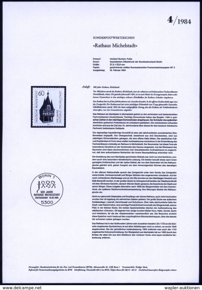 Michelstadt 1984 (Febr.) 60 Pf. "Rathaus Michelstadt" Mit Amtl. Handstempel  "M U S T E R" , Postfr. + Amtl. Ankündigung - Monuments