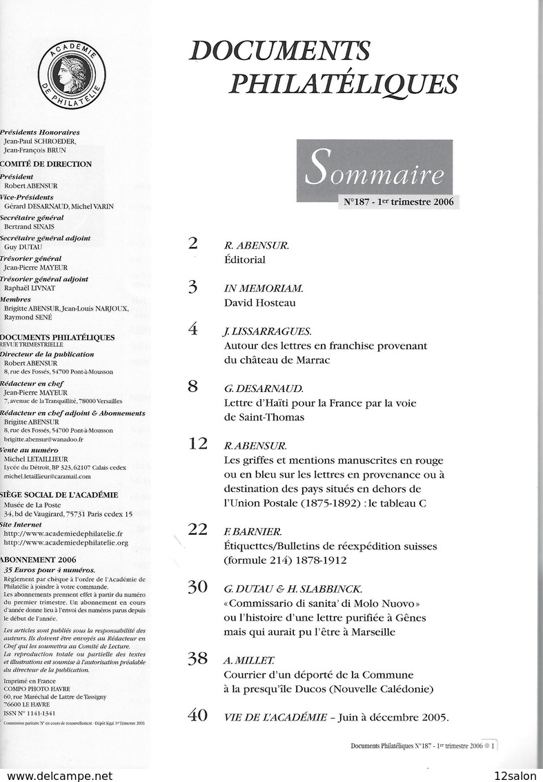 ACADEMIE DE PHILATELIE DOCUMENTS PHILATELIQUES  N° 187 + Sommaire - Autres & Non Classés