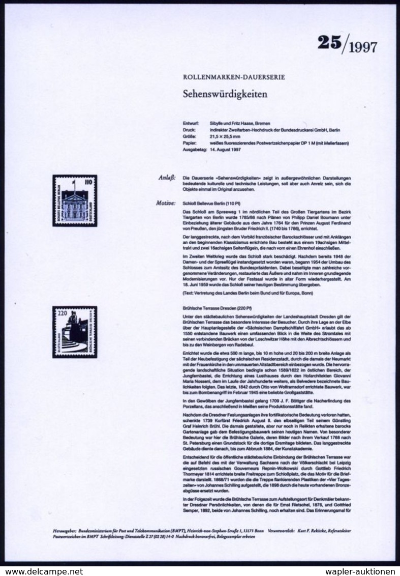 B.R.D. 1997 (Aug.) Bauwerke, Dauerserie 110 Pf. Schloß Bellevue (Berlin), 220 Pf. Brühl'sche Terrasse (Dresden) U. 440 P - Monuments
