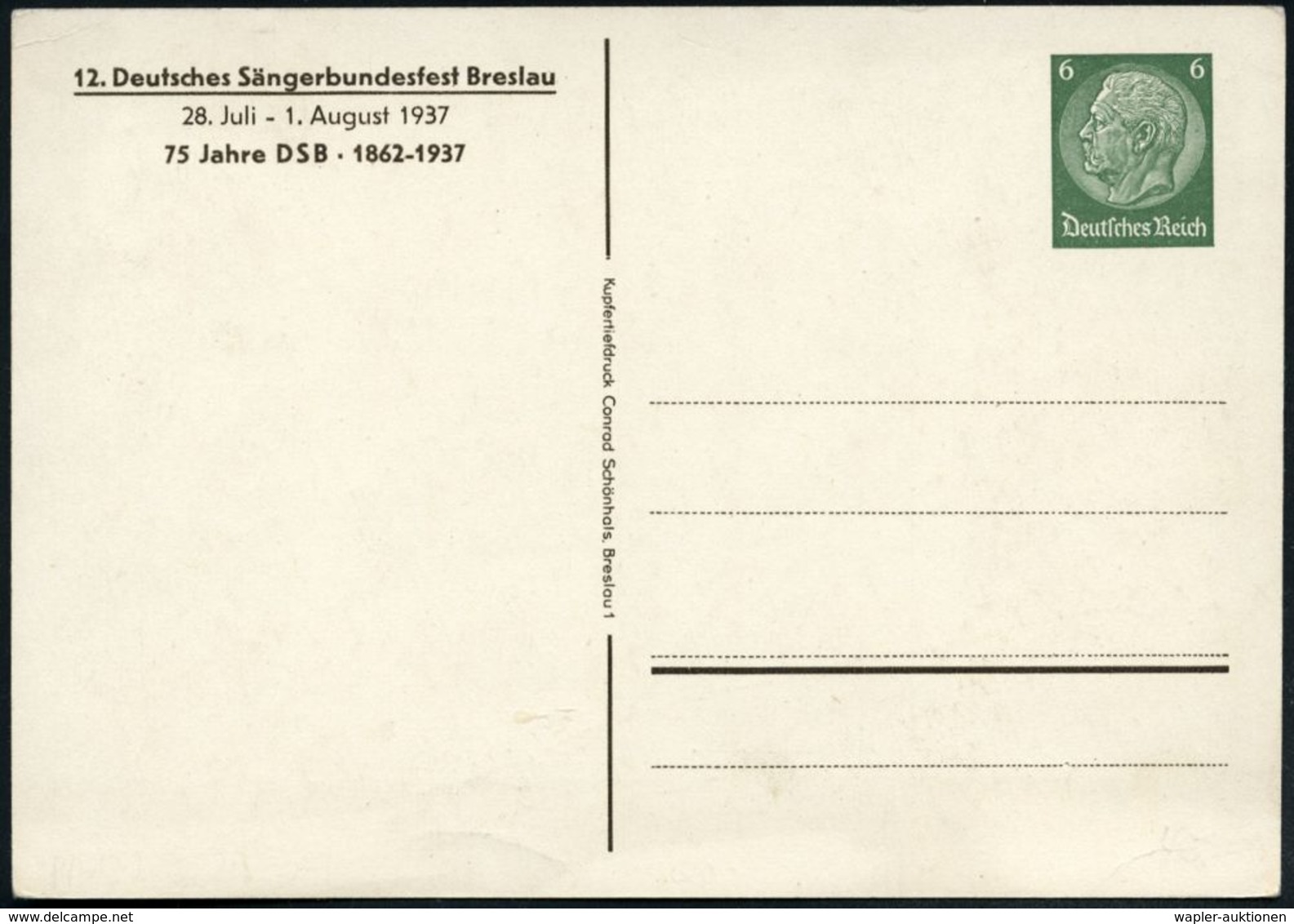 Breslau 1937 PP 6 Pf. Hindenburg, Grün: 12. Deutsches Sängerbundesfest = Kaiser-Brücke , Ungebr. (Frech.PP 127/C 30-04)  - Ponts