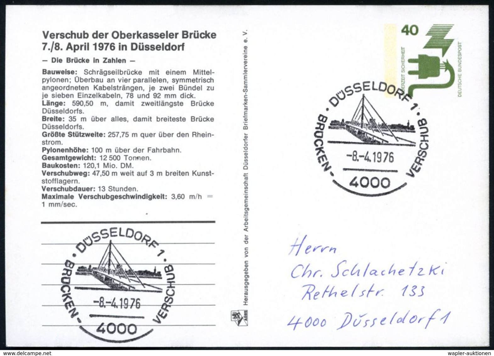 4000 DÜSSELDORF 1/ BRÜCKEN-VERSCHUB 1976 (8.4.) SSt = Oberkasseler Rheinbrücke Auf Passender PP 40 Pf. Unfall: Verschub  - Ponts