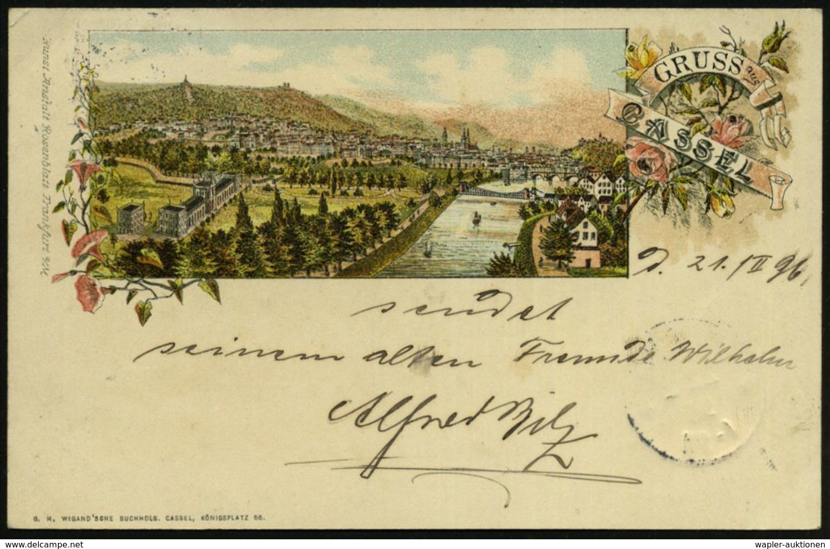 Kassel 1896 (21.2.) 1K-Gitter: CASSEL/* 1 K Klar Auf Color-Litho-Ak.: Fulda-Brücken, Orangerie, Dekorat. Bedarfskarte (M - Ponts