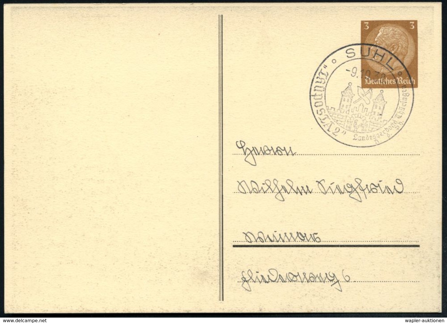 SUHL/ "THÜPOSTA 2".. 1938 (9.10.) SSt (Wappen) Auf PP 3 Pf. Hindenbg., Braun:Thüposta 2.. = Postkutsche Auf Steinrücke I - Ponts
