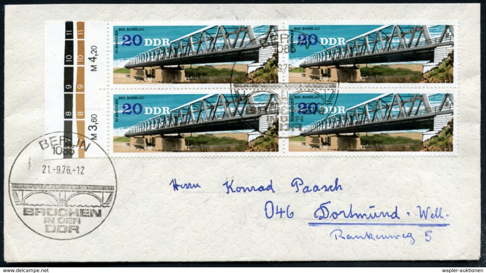 D.D.R. 1976 (21.9.) 20 Pf. "Elbe-Eisenbahn-Brücke Roßlau", Reine MeF: Rand-4er-Block M. Farb-Nrn. + ET-SSt: 1085 BERLIN, - Ponts