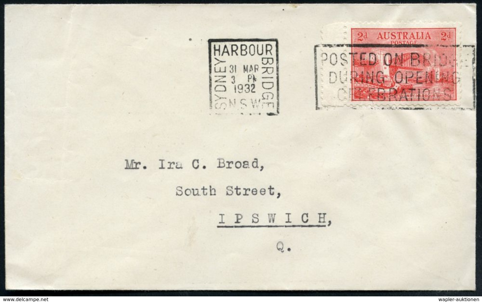 AUSTRALIEN 1932 (März) 2 P. Rot (Buchdruck) U. Bogeneckrandstück 3 P.  Blau: "Hafenbrücke Sidney" (mit R.M.S. "Oxford")  - Ponts