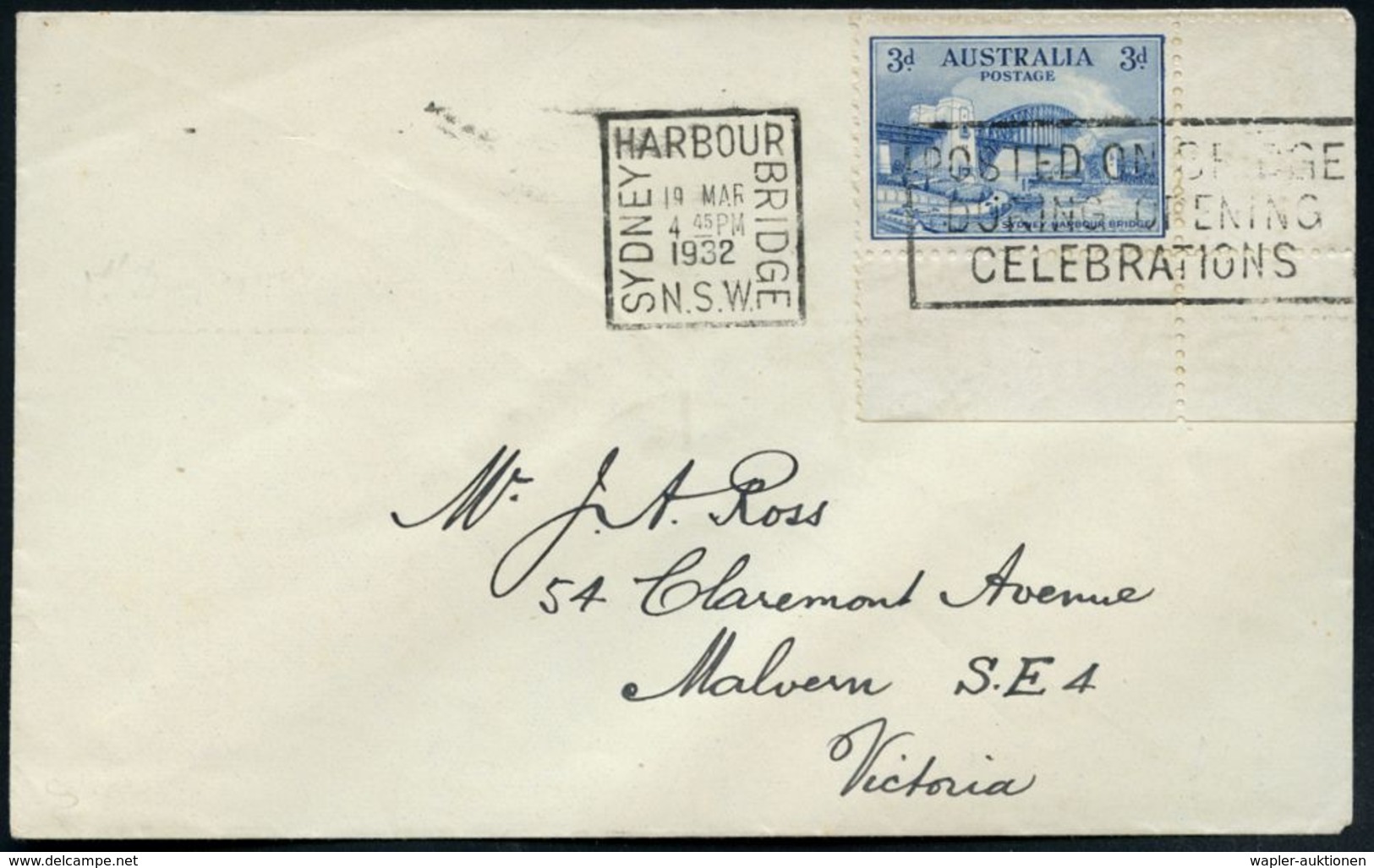 AUSTRALIEN 1932 (März) 2 P. Rot (Buchdruck) U. Bogeneckrandstück 3 P.  Blau: "Hafenbrücke Sidney" (mit R.M.S. "Oxford")  - Ponts