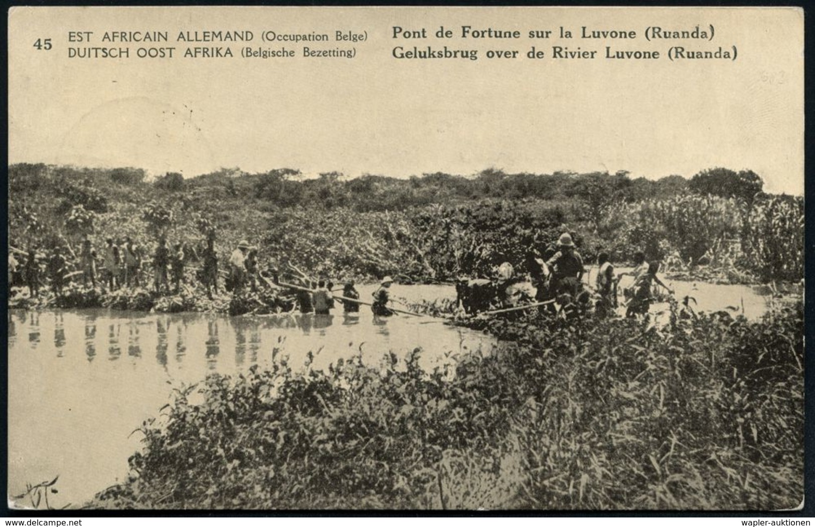 BELGISCHE BESETZUNG D.O.A. 1918 (19.3.) 10 C. BiP Palme, Braun: Bau Einer Provisorischen Brücke Bei Luvone (Ruanda) 2K:  - Ponts