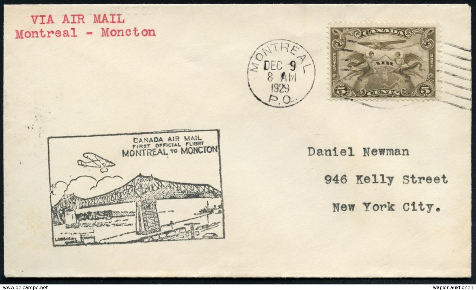 CANADA 1929 (9.12.) Erstflugbrief CANADA AIR MAIL: MONTREAL To MONCTON (rs. AS) Vs./rs. Amtl. Flp.-HdN: Brücke "Pont Jac - Ponts