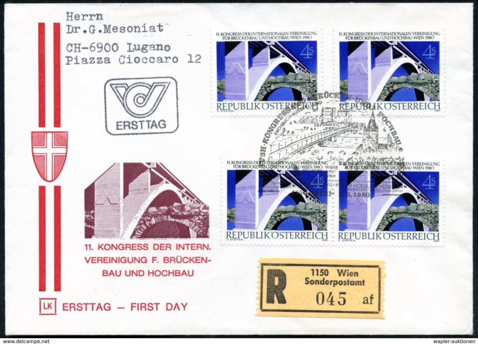 ÖSTERREICH 1980 (1.9.) 4 S. "11.Brückenbau-Kongr.", Reine MeF: 4x + Brücken-SSt: 1150 WIEN/4 + Sonder-RZ: 1150 Wien/S O  - Ponts