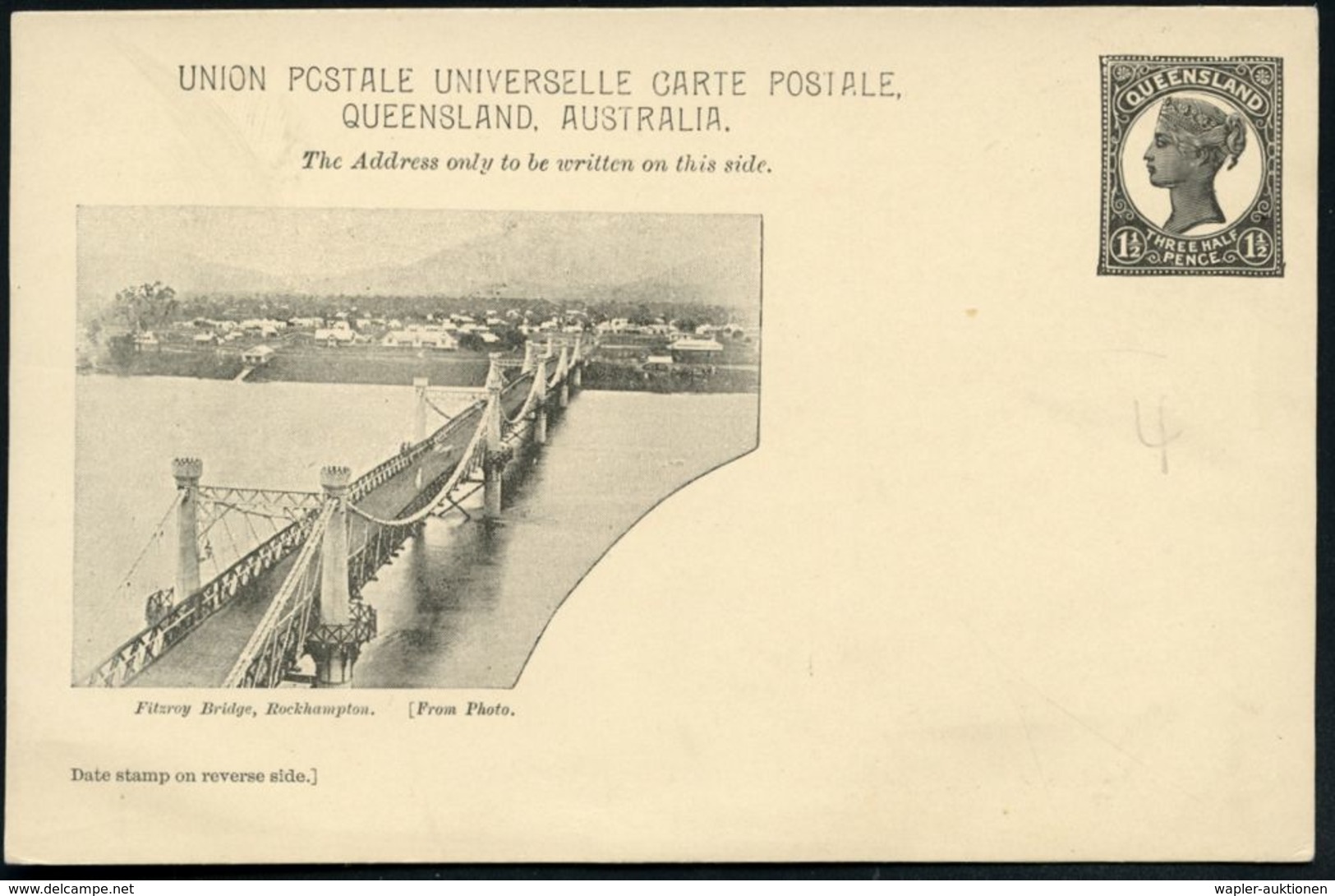 QUEENSLAND 1898 1 1/2 P.BiP  Victoria, Schw.: Fitzroy Bridge, Rockhampton , Ungebr., Früher Motiv-Beleg!  (HG.P 11) - Au - Ponts